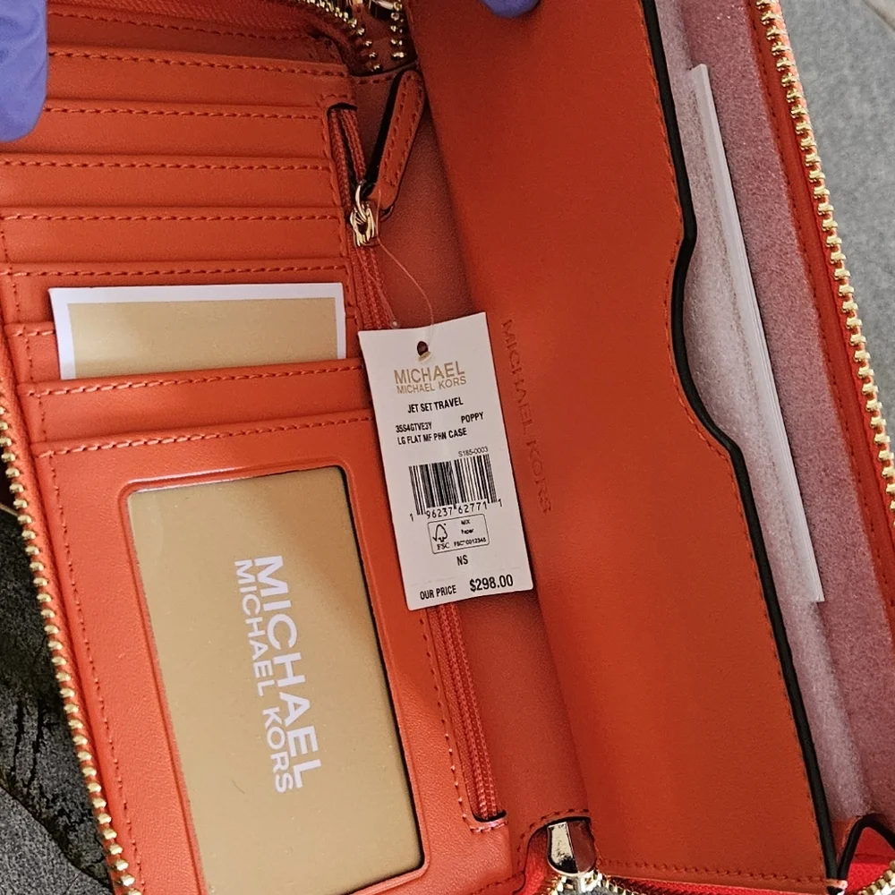 NWT Michael Kors Woven Leather Zip-Around Wristlet Wallet | Orange